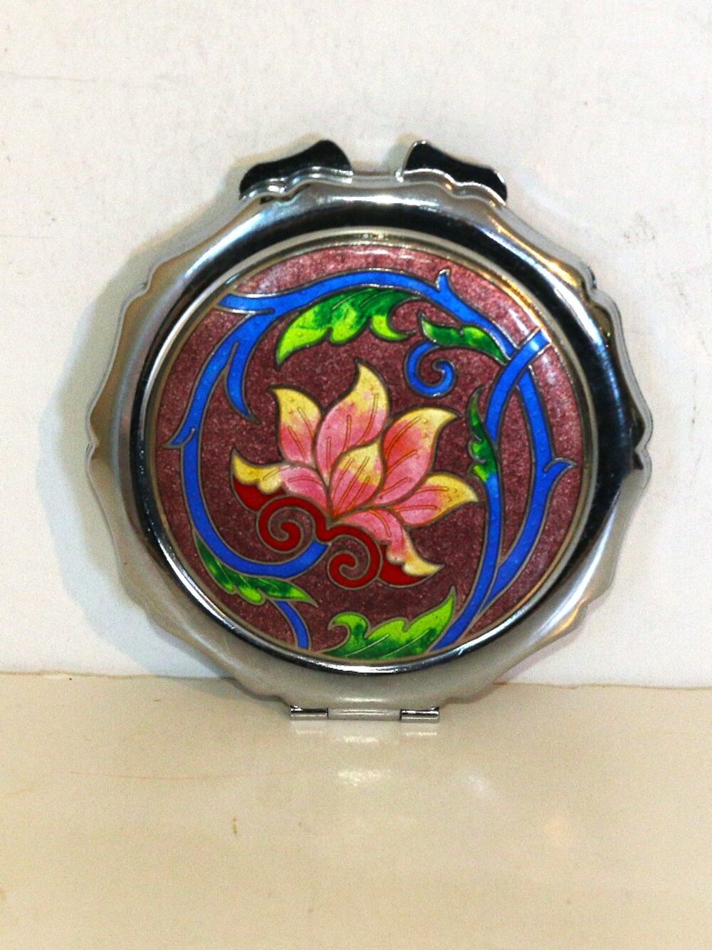 Cloisonne lotus flower cosmetic mirror